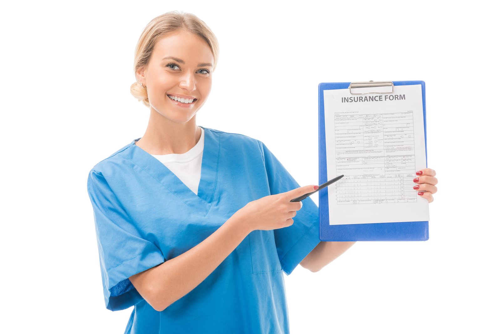 happy young nurse pointing at clipboard with insurance form isolated on white
